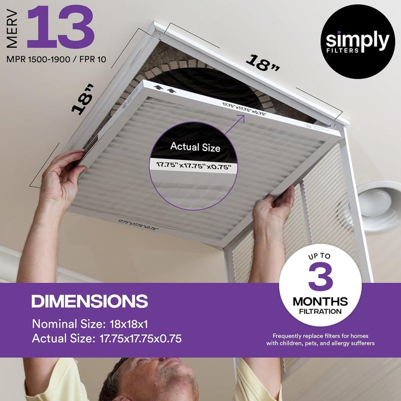 SIMPLY 18x18x1 Air Filter, MERV 13, 6 Pack, For Home AC Furnace & HVAC (Actual Size: 17.75"x17.75"x0.75") DUST, Pet, & Allergy Control - Image 3